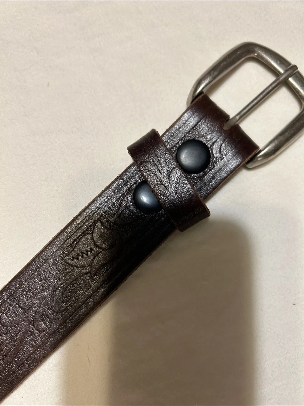 Men's Dark Brown Embossed Leather Belt with Brushed Buckle